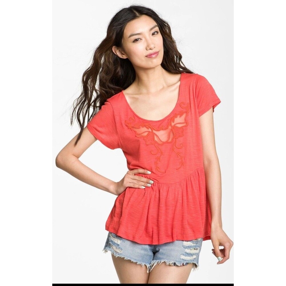 Free People peplum top coral Boho Feminine fairycore peek a boo cutouts Chic S/P